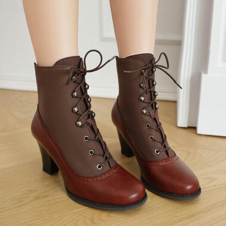 Women’s Ankle Boots Splicing Low Heel Lace Up Shoes Canvas Leather Patchwork NEW