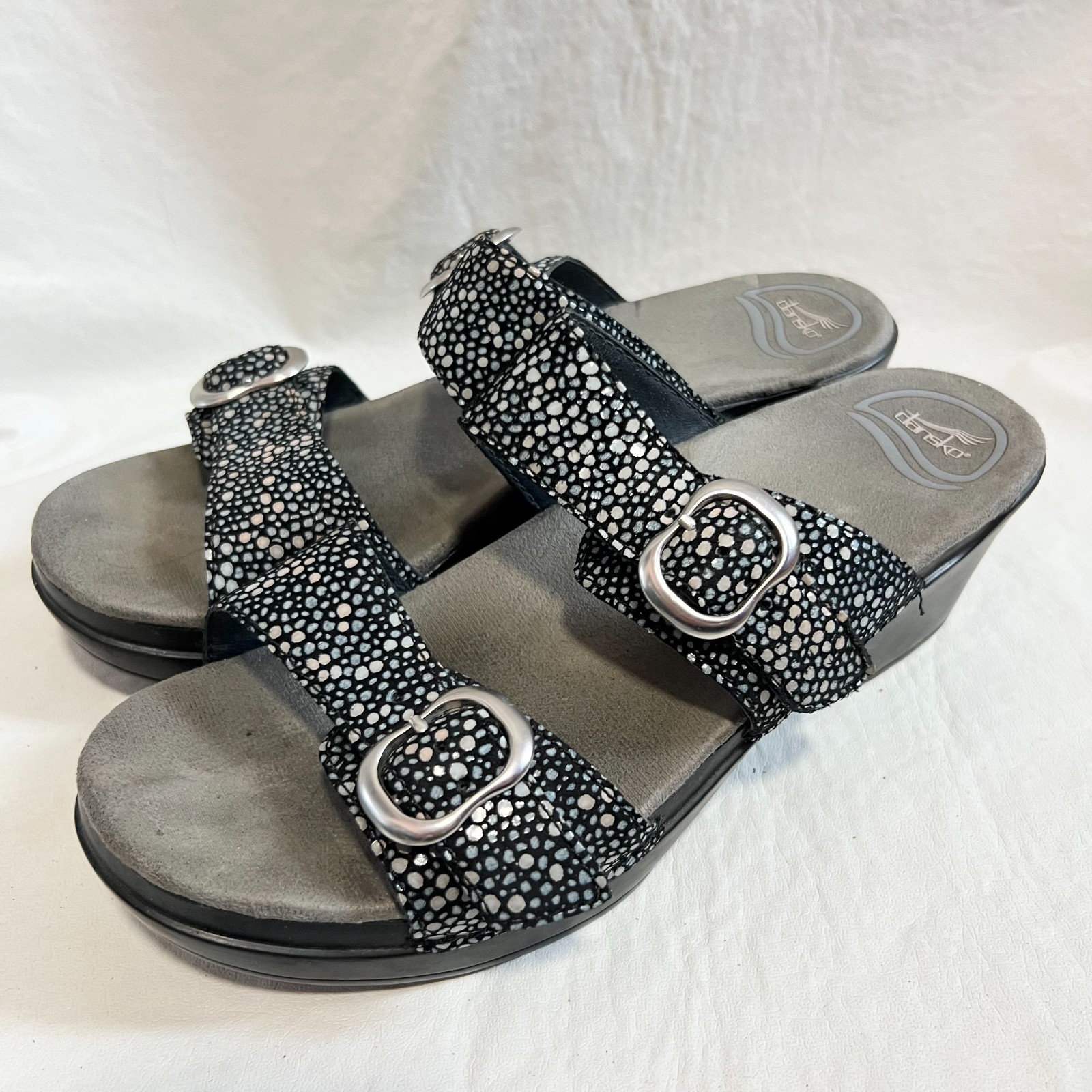 Dansko Sophie sandals black white pebble dot 39 8.5 9 two strap slide clog
