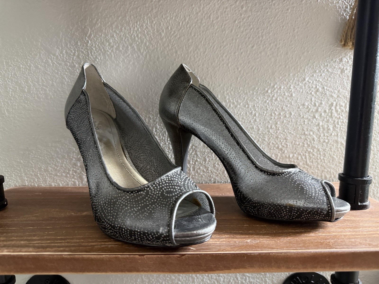 Women’s Black/Silver Glitter Peep Toe Stiletto Pumps Slip On Synthetic 8.5