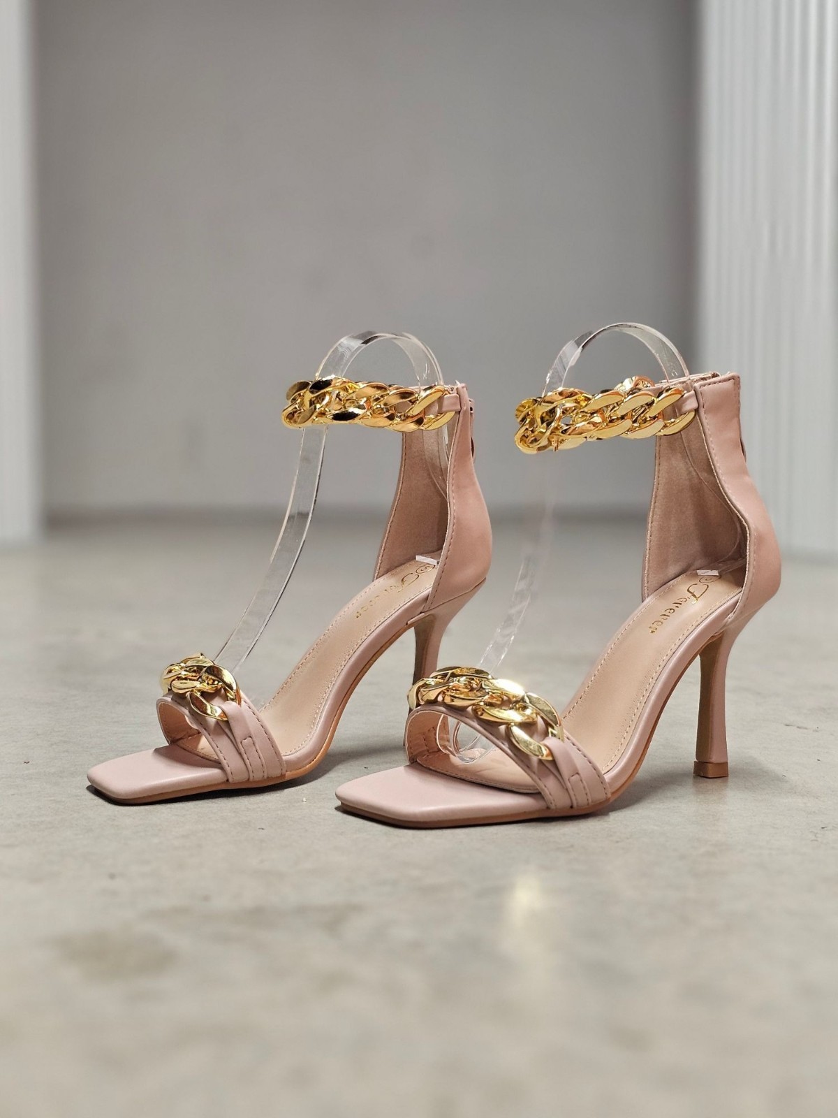 Blush Pink High Heel Sandals With Gold Chain Ankle Strap Square Toe Back Zipper