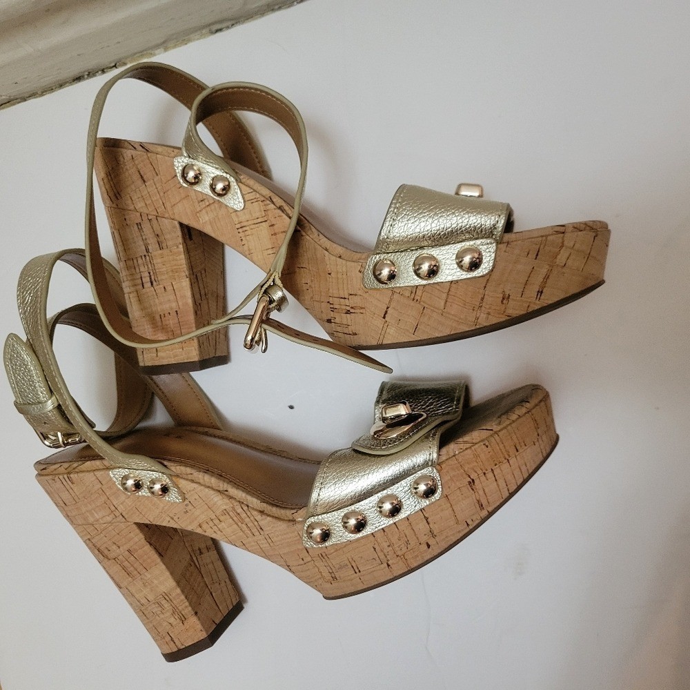 Coach Metallic Gold Leather Cork Sandals Turn-Lock Detail & Wrap Strap Boho Chic