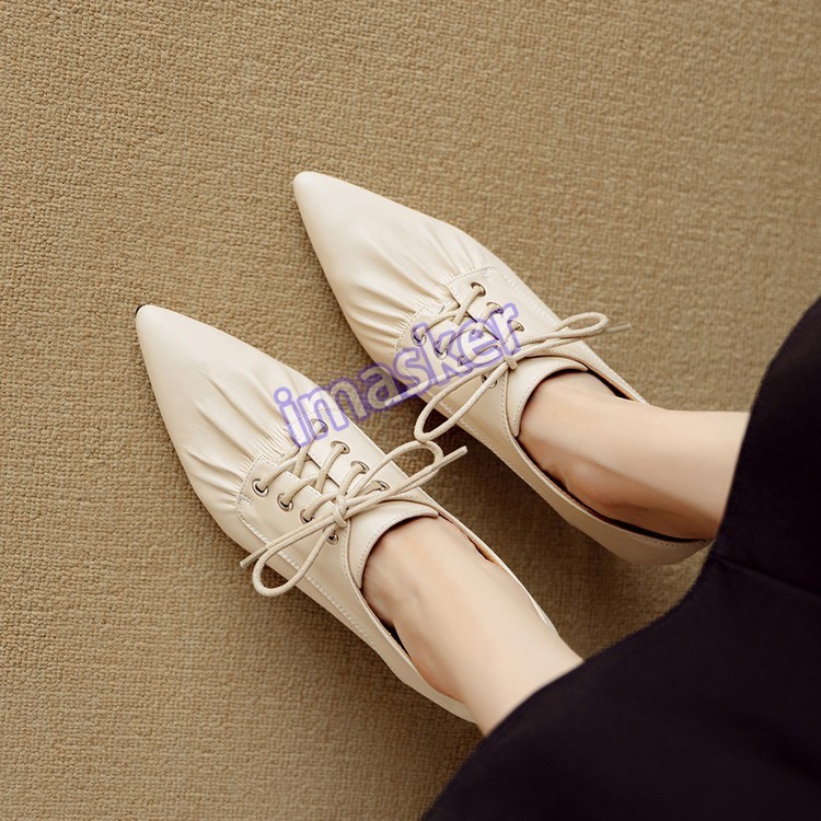 Womens Pointed Toe Real Leather 6.5cm Mid Stiletto Heel Lace Up Low Top Shoes Sz