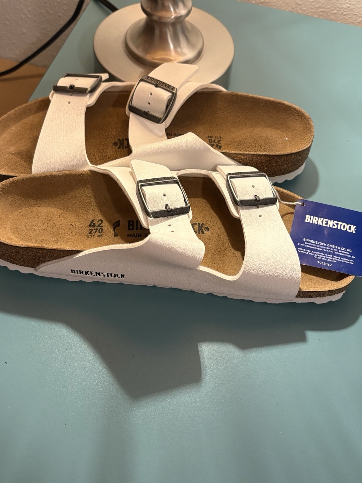 Birkenstock Arizona White 2-Strap Adjustable Buckle Slide Sandals EU 42