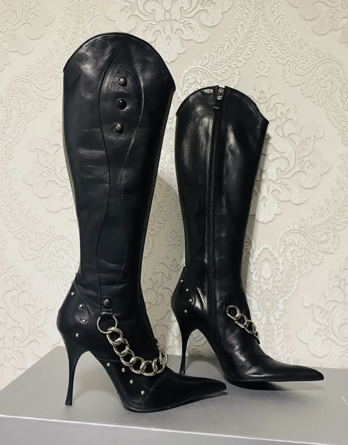 Luca Verdi Women Boots High Heels Black leather Italian Boots Size 39
