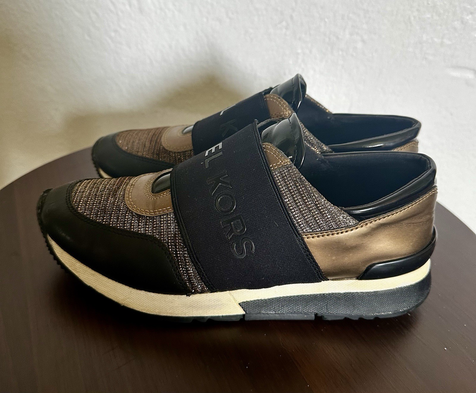 Michael Kors Women’s Slip On Sneakers Black Brown Textile Leather SG18F