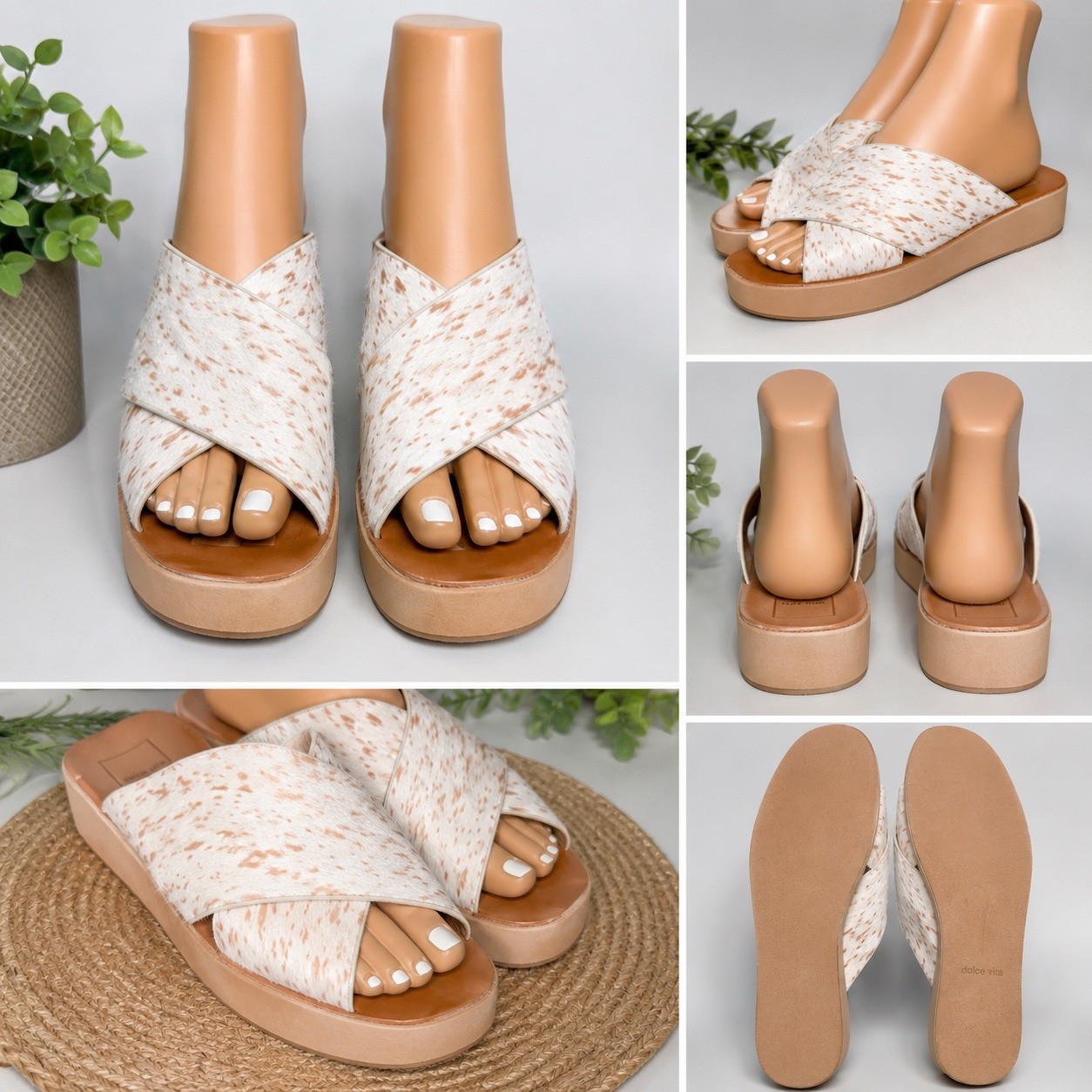 Dolce Vita Women Spotted Calf Hair Crisscross Platform Slide Sandals Size 8.5