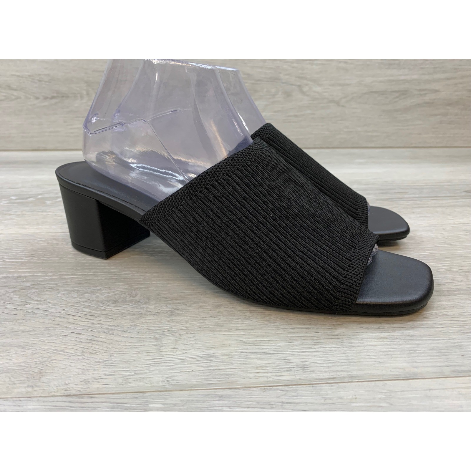 Quince Women’s Sandals Black Stretch Knit Block Heel Slide Square Toe 10 Shoes