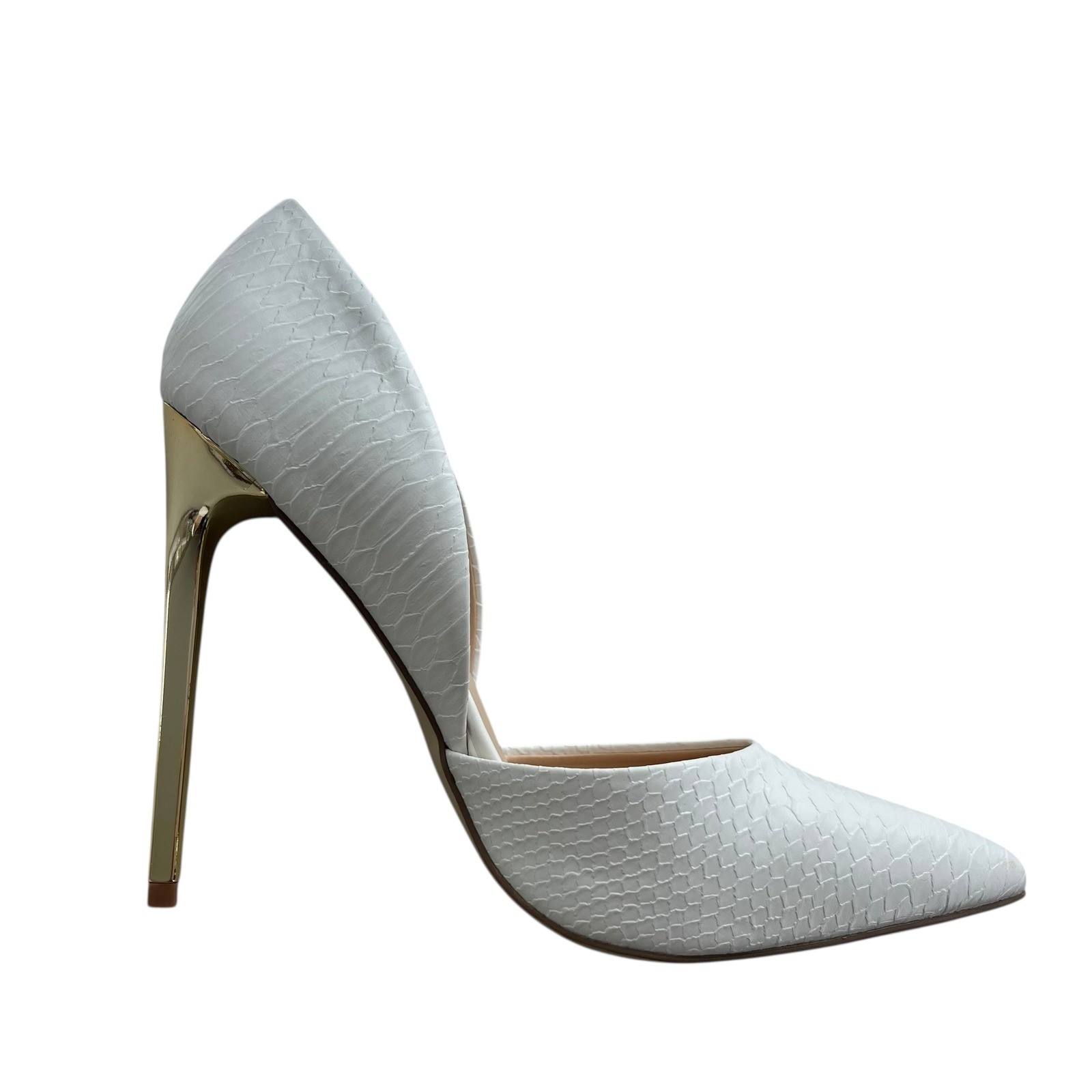 JUST FAB Women 9.5 White Gold Embossed Snakeskin Pointed Toe D’orsay Monika Heel