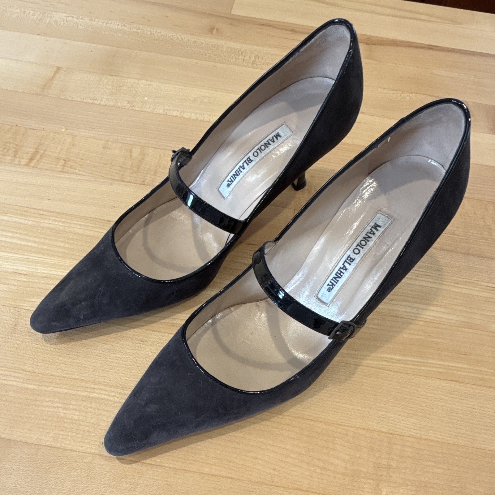 Manolo Blahnik Black Suede Mary Jane Pointed Toe Stiletto Heels US 8