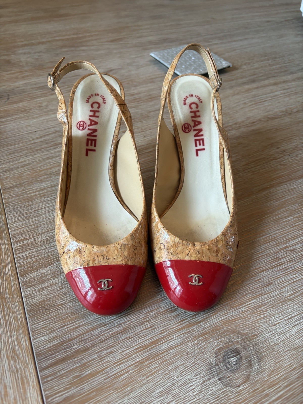CHANEL Cork Slingback Heels Red Cap Toe CC Logo Buckle Women’s EU 38