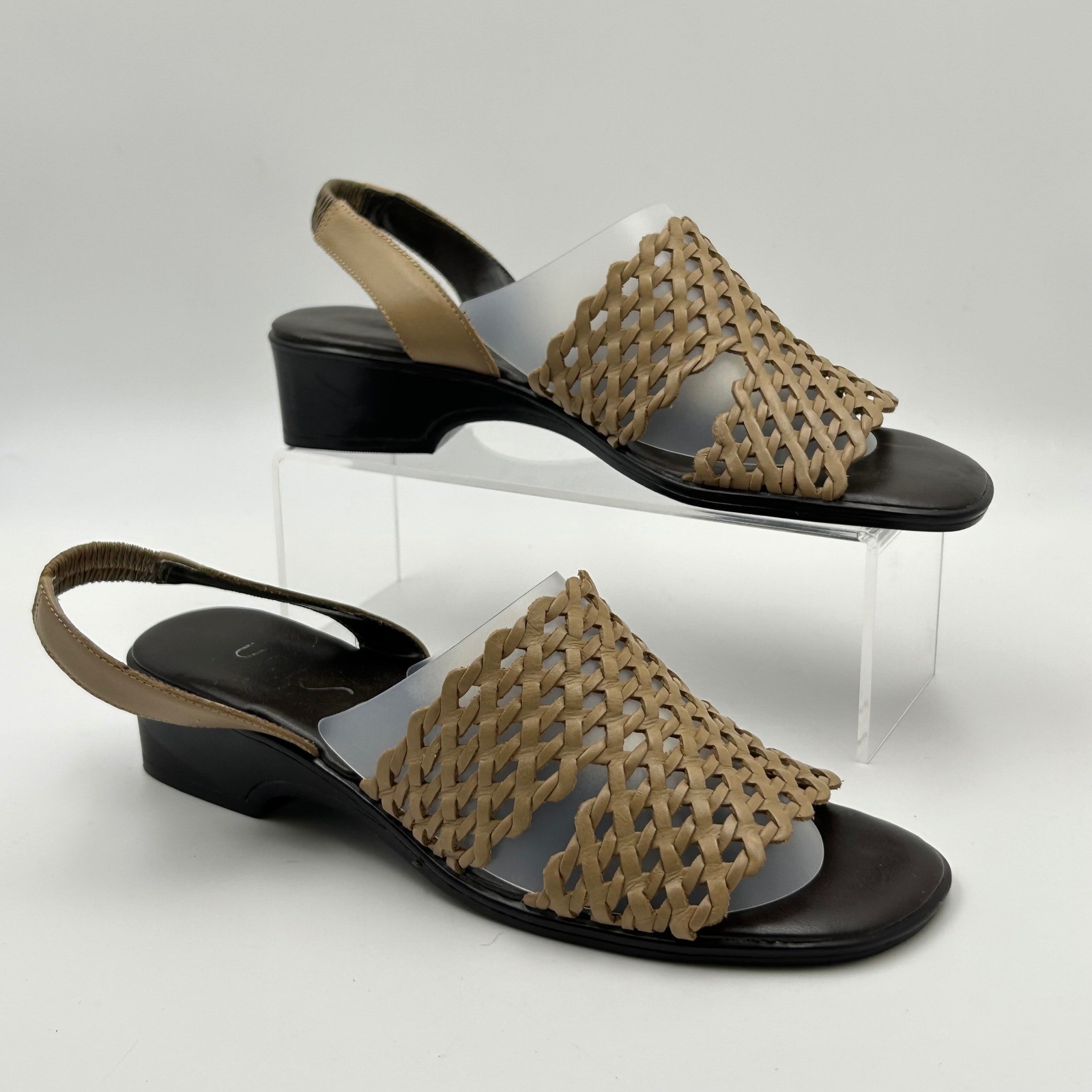 Unisa Woven Leather Sandals Womens 8 Tan Slingback Block Heel Coastal Grandma