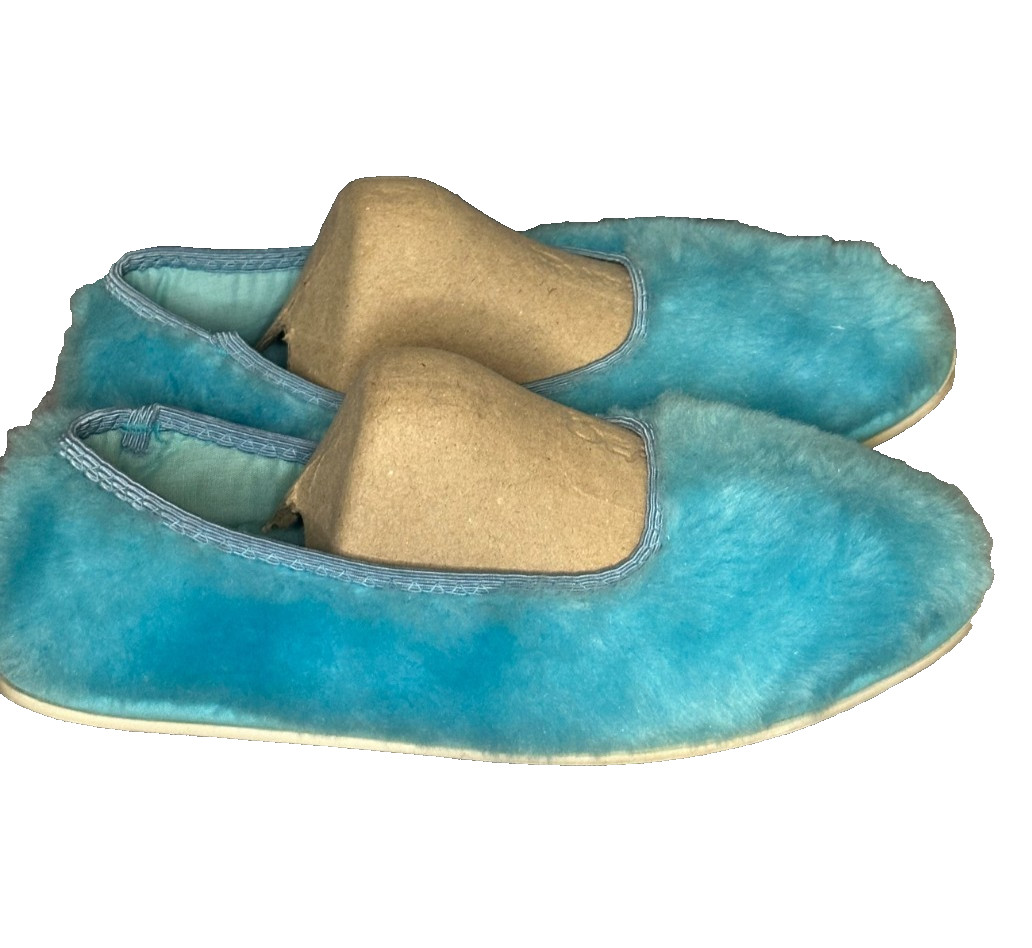 Vtg Fluff Scuff Fuzzy Faux Fur aqua blue Slippers Rubber Sole Medium 6.5-7.5