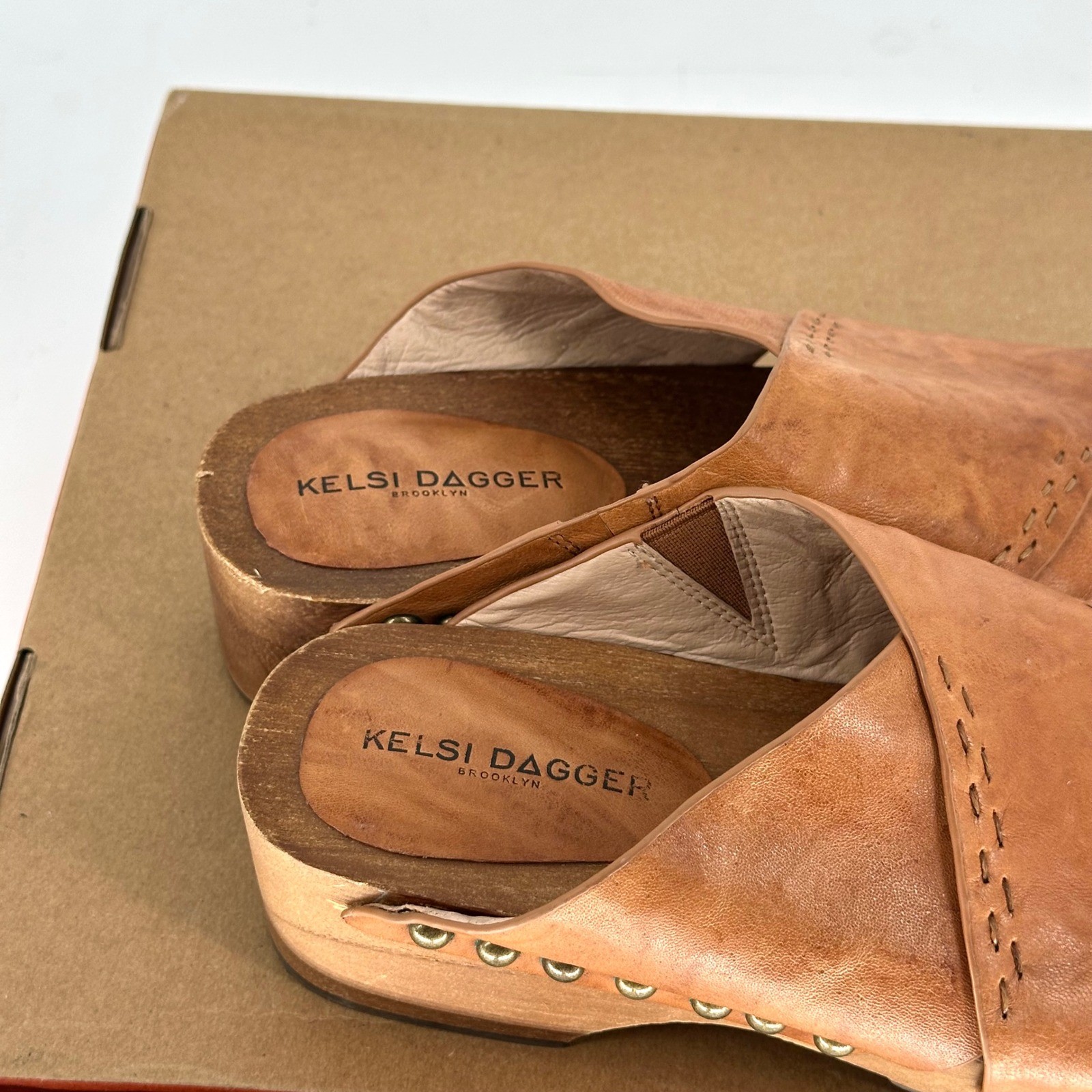 Kelsi Dagger Tan Leather Studded Clog Wood Platform Sandal Boho 8