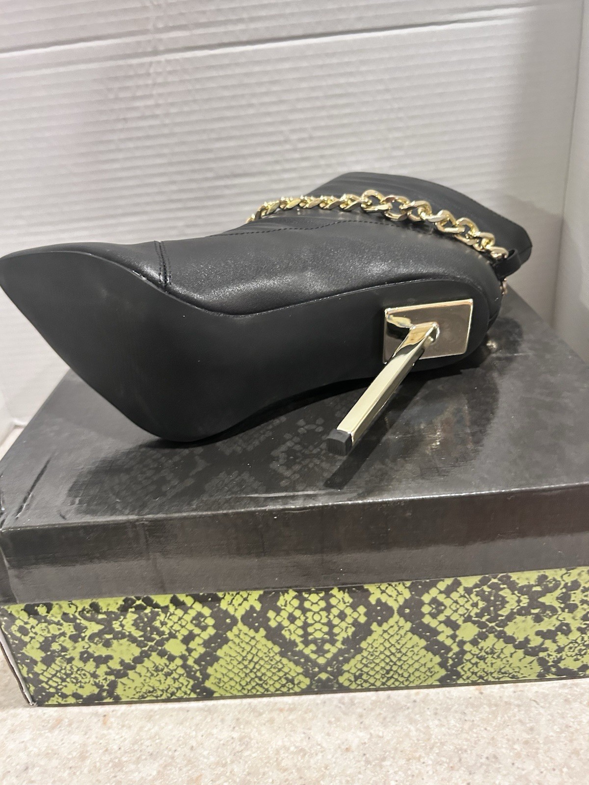 New Black Booty Boots Sz 8 Industrial Designer Gold Chain Metal Stiletto Heel