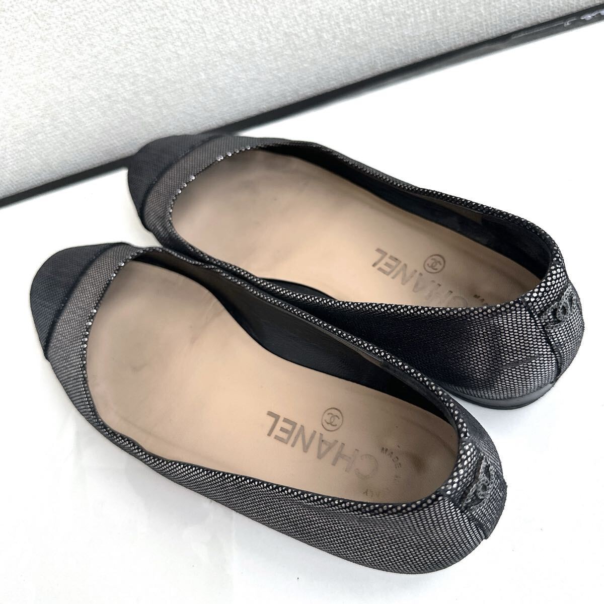 CHANEL Coco Mark Rhinestone Ballerina Flats Dark Gray Black EU39/US8.5