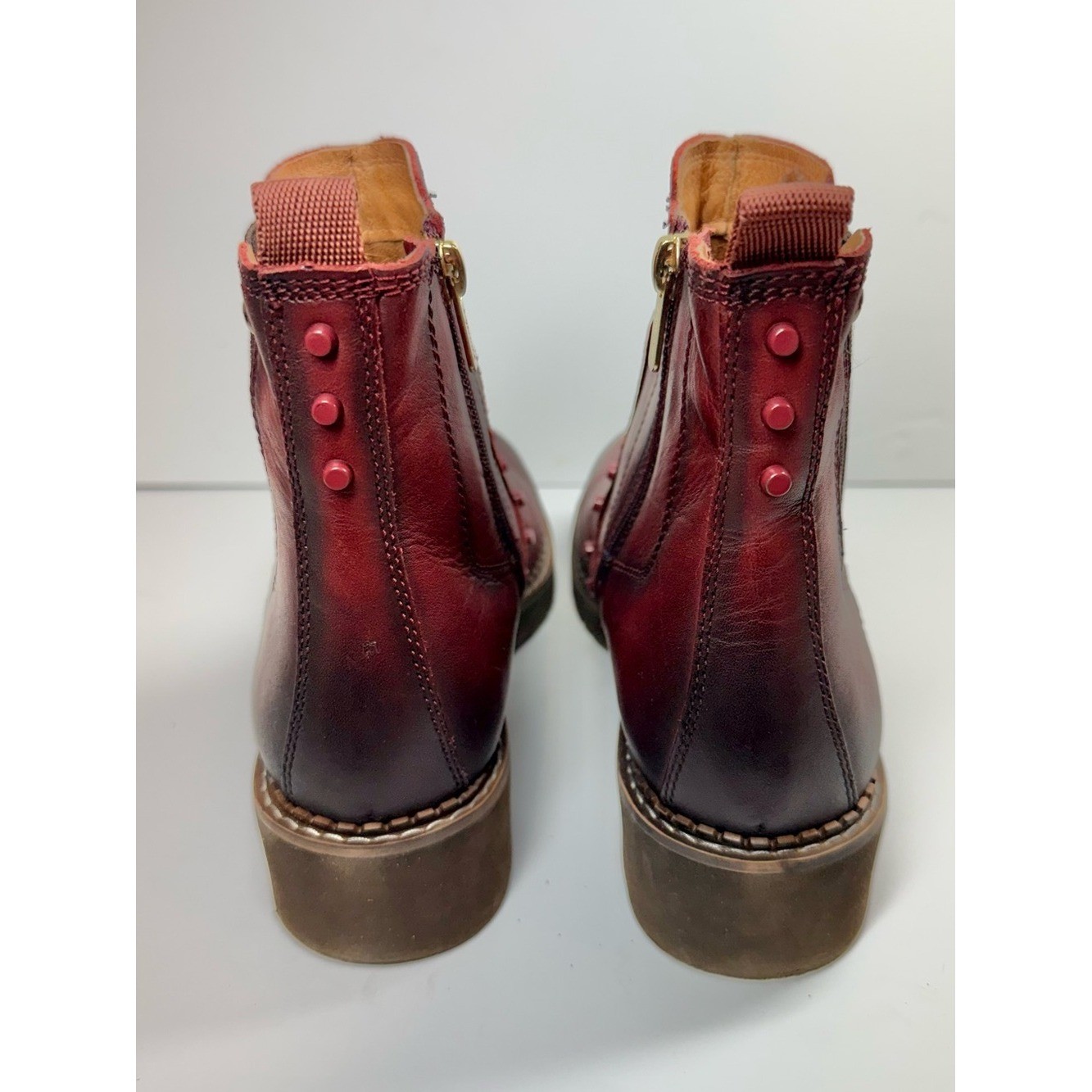 Pikolinos Women’s Burgundy Leather Chelsea Boots Stud Detail Size EU 36 US 5-6