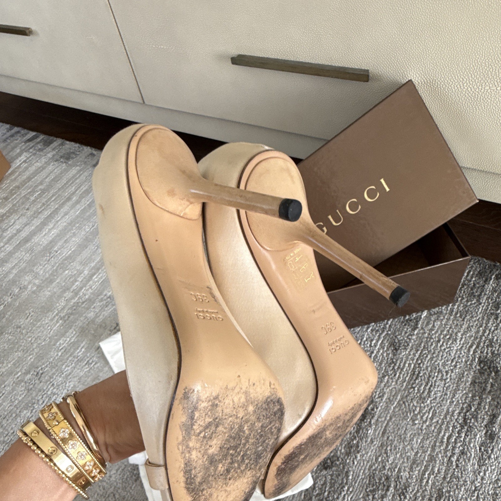 Gucci Women’s Beige Leather & 100% Silk Open Toe Pump Stiletto Heels 8.5