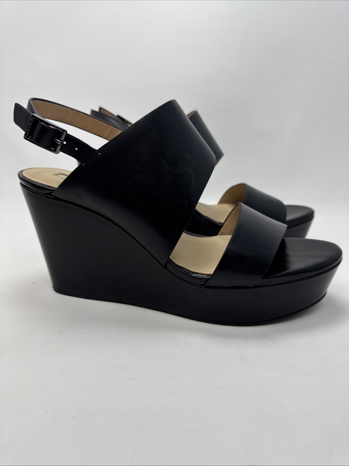 ANTONIO MELANI Classy Wedge Platform Leather Sandals Black Heels Size US 8.5 M.