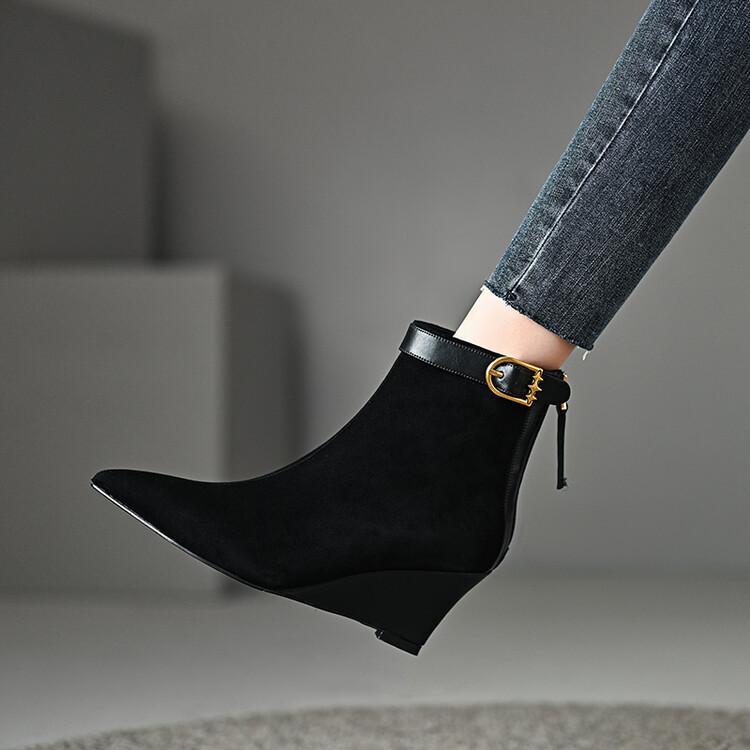 Women Fashion Formal Elegant Pointed Toe Wedge Heel Solid Color Work Ankle Boots