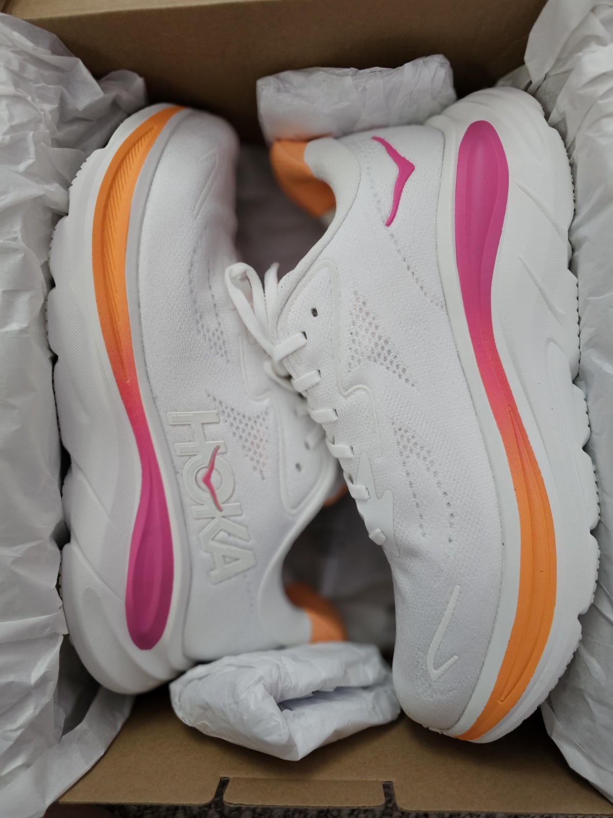 Hoka One One Clifton 10 White Hot Pink/Orange Athletic Running Shoe W 10B WTLC