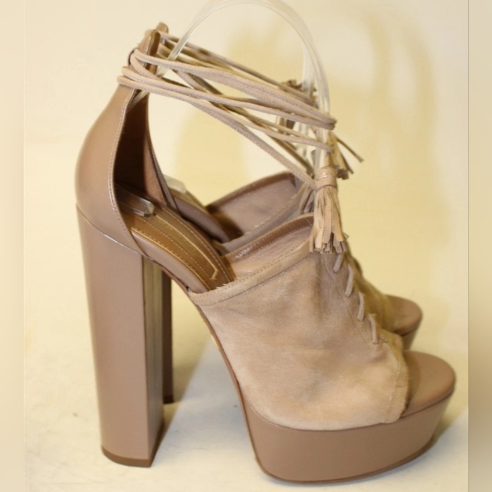 Aquazzura Tan Lace-Up Platform Heels Italy Made Jac Plateau 140 7 Suede