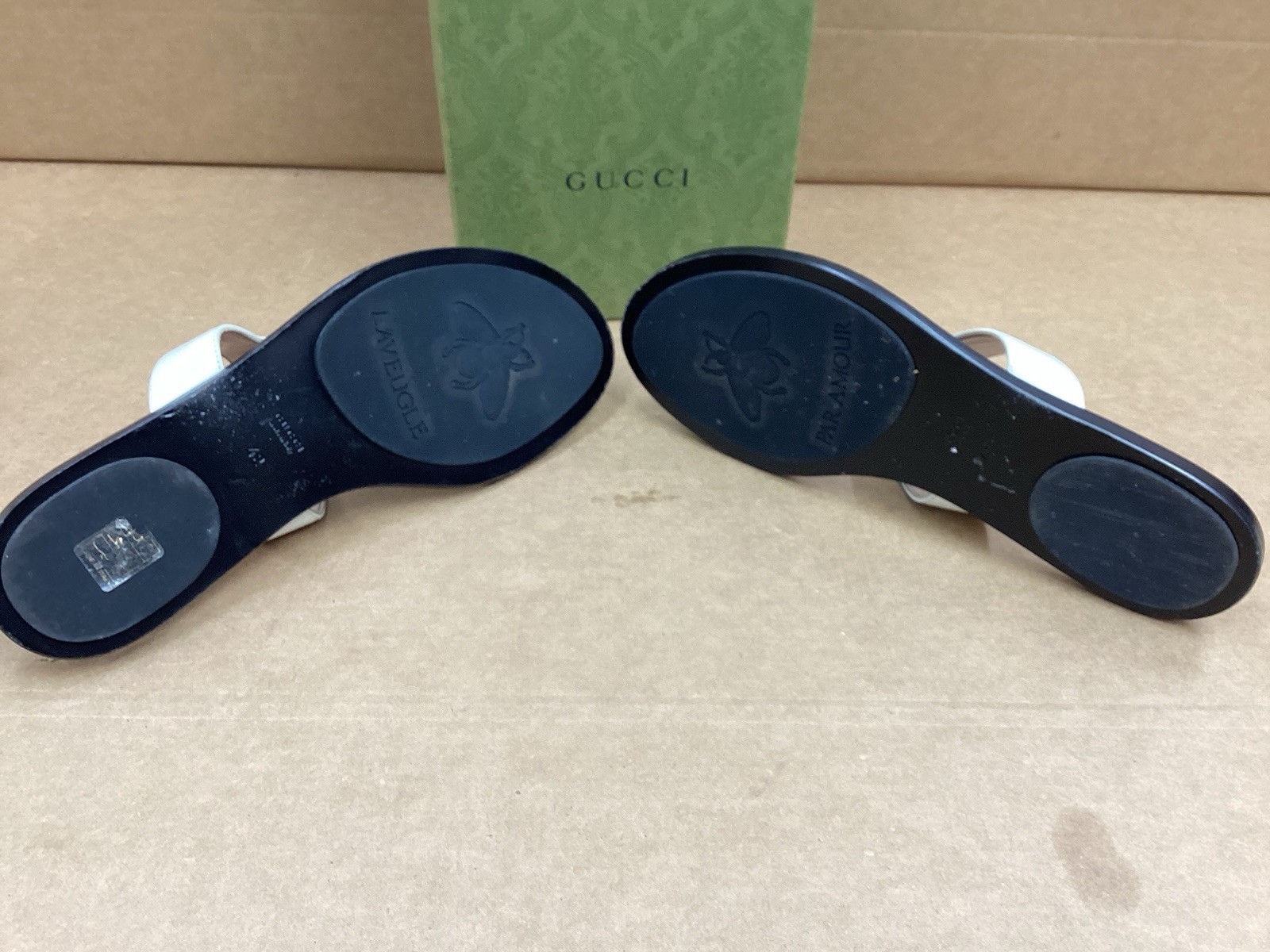 Gucci GG Marmont Thong Sandal , Gold / Black , White Leather , Sz 42