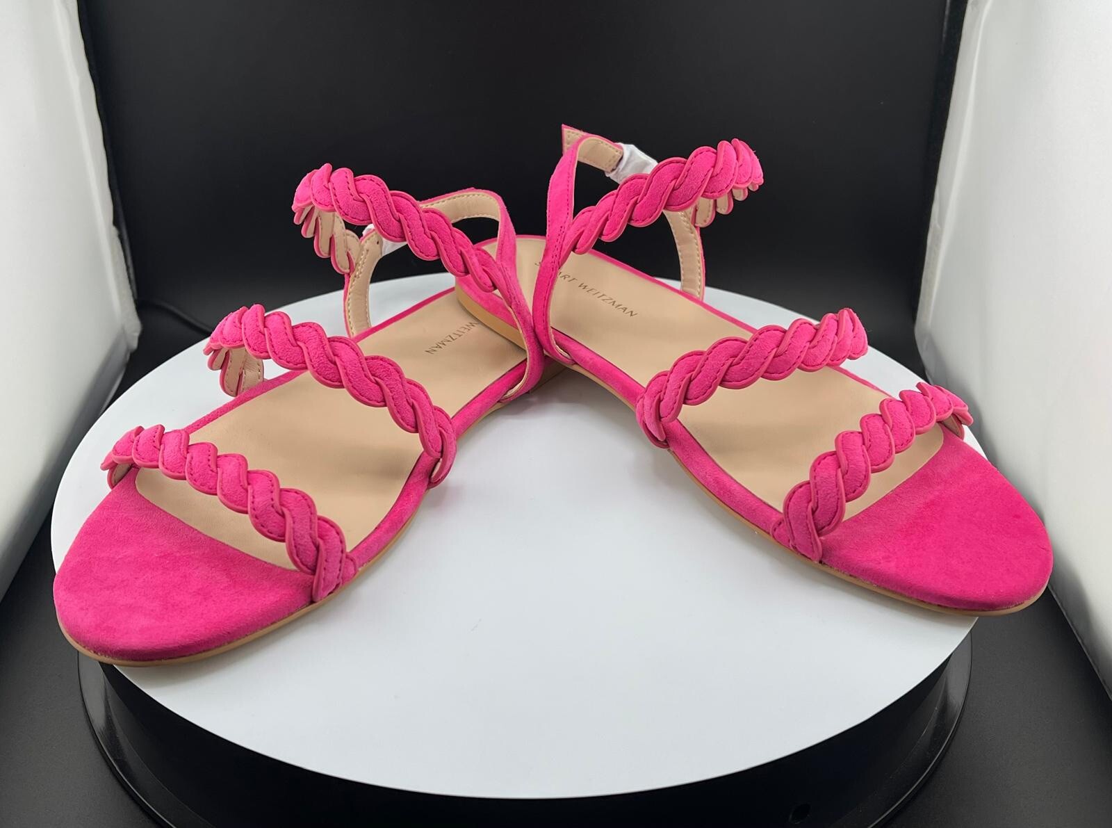 Size 8-Stuart Weitzman Twistie Pink Suede Ankle Strap Flat Sandal Women’s