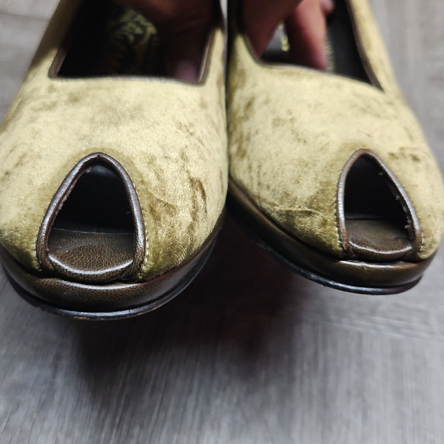 Salvatore Ferragamo Green Velvet Peep Toe Pumps 6B