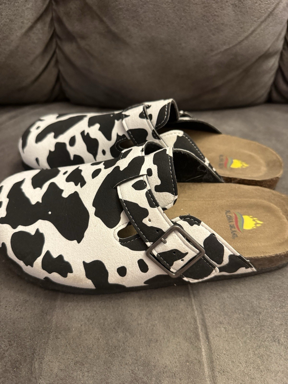 Aloha Island Women’s Cow Print Slide Sandals Black/White Leather Buckle 9