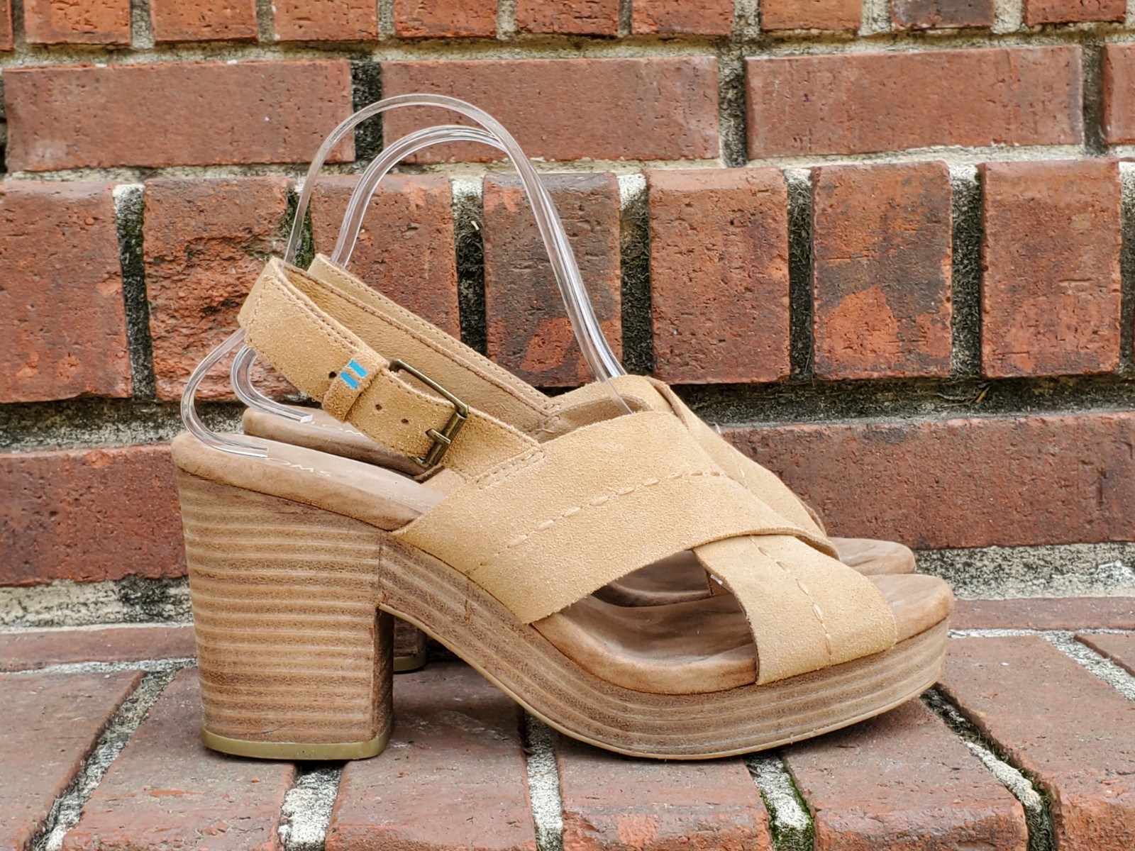 TOMS Ibiza Stiched Suede 3.5″ Heeled Sandal●Camel Colored●Good/Clean Cond●Sz.8.5