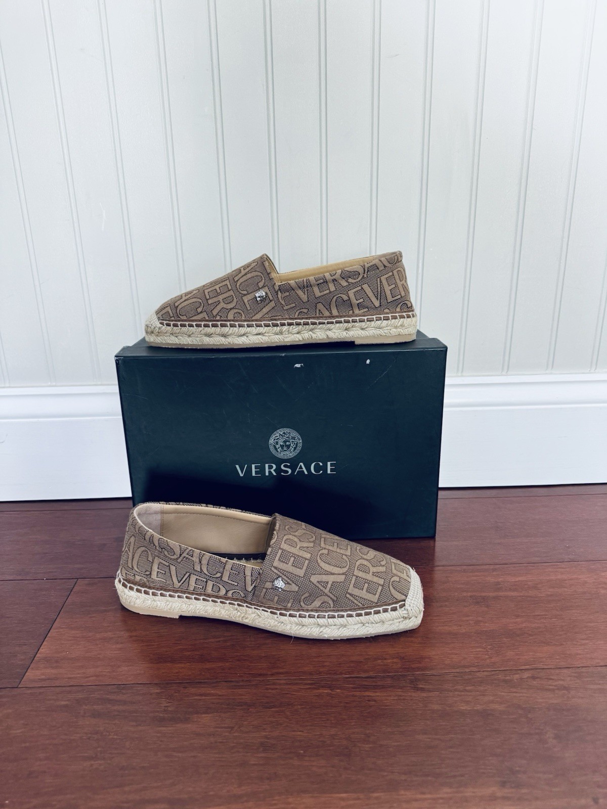 Versace Logo Print Medusa Espadrilles Beige Brown Eu 38.5 US 8 (run 1/2 Small)