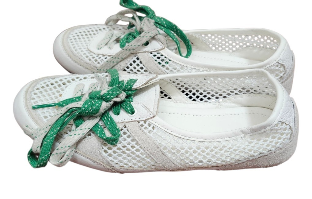 ZARA Mesh Ballet Flats White Green Lace-Up Shoes Women US 5 EU 36 Casual Summer