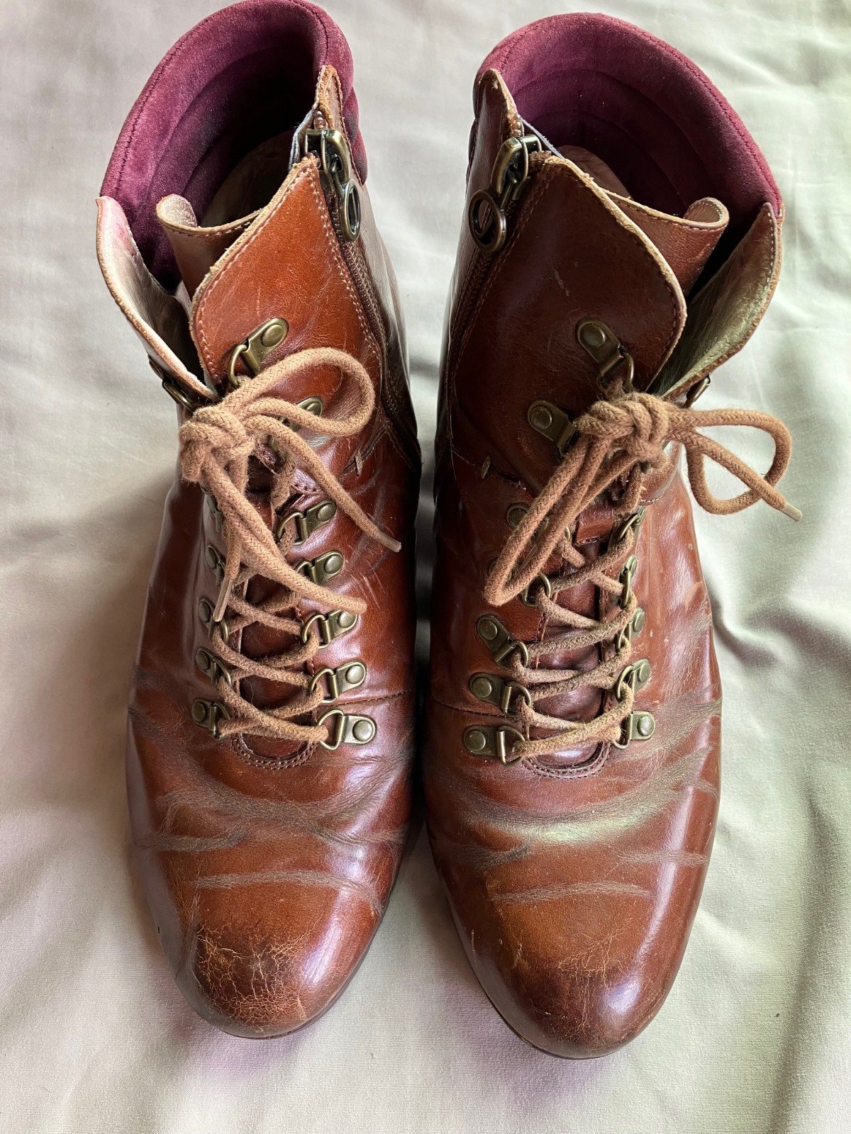 Jambu Burch Womens 10 Brown Leather Lace Up Ankle Boots Side Zip Block Heel
