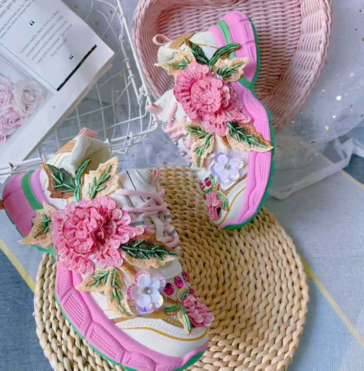 Floral Womens Platform Floral Lace Up Sequins Beaded Creeper Casual Sport Shoes