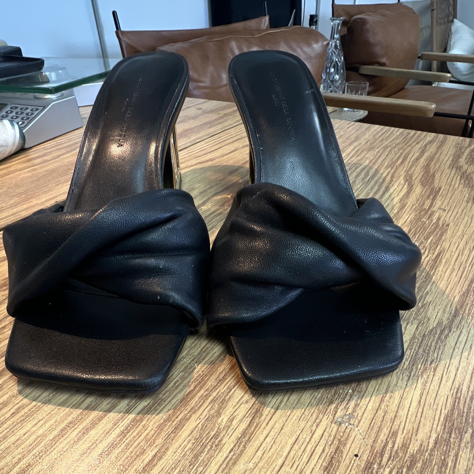 Alessandro Dell’Acqua Black Leather Square Toe Knotted Mule Block Heels 6