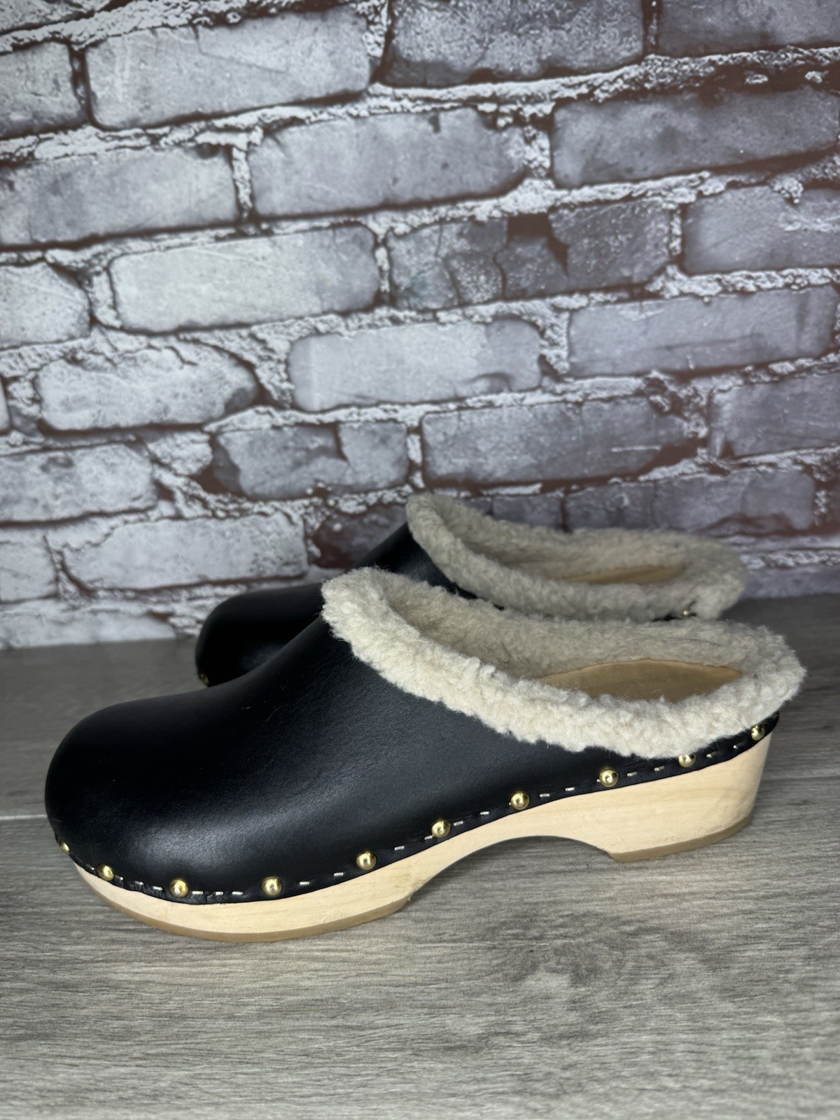 YouYou Sabot Wooden Black Leather French Clogs Slip On Fur Shoes Women 41EU/10.5