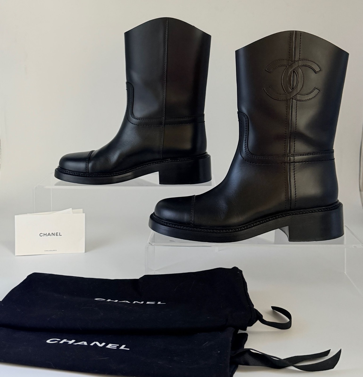 Chanel Black Leather Moto Boots Size 39 EU SKU G46589 Worn Once Indoors Pristine