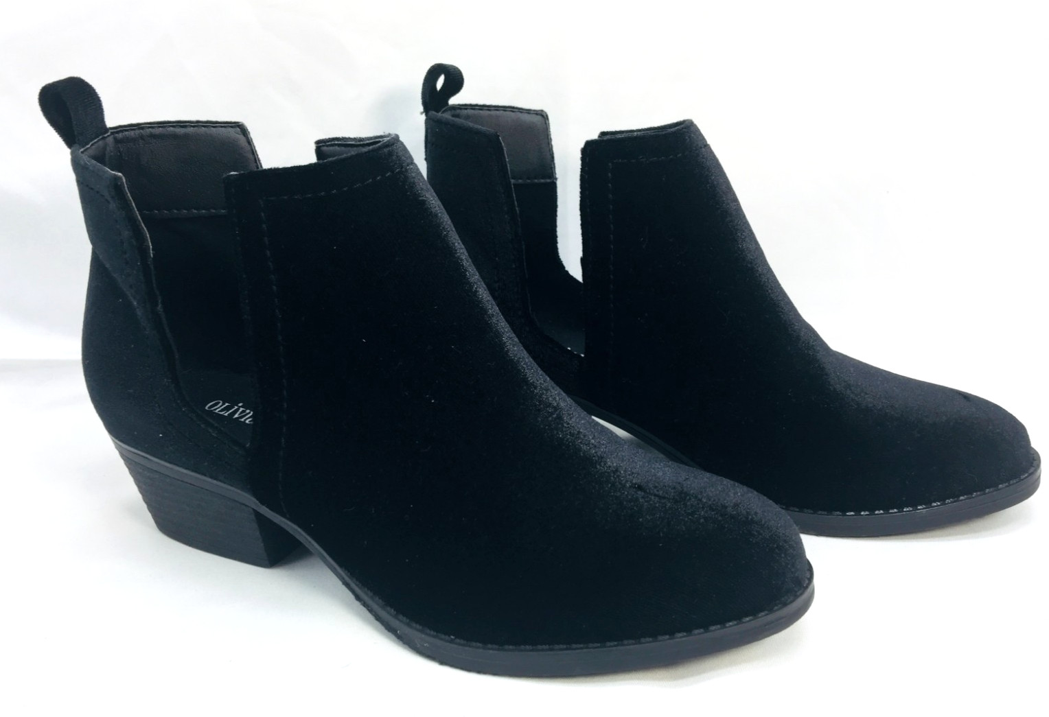Olivia Miller Women’s Black Faux Suede Slip On Booties Sz 7 Open Slit on Sides