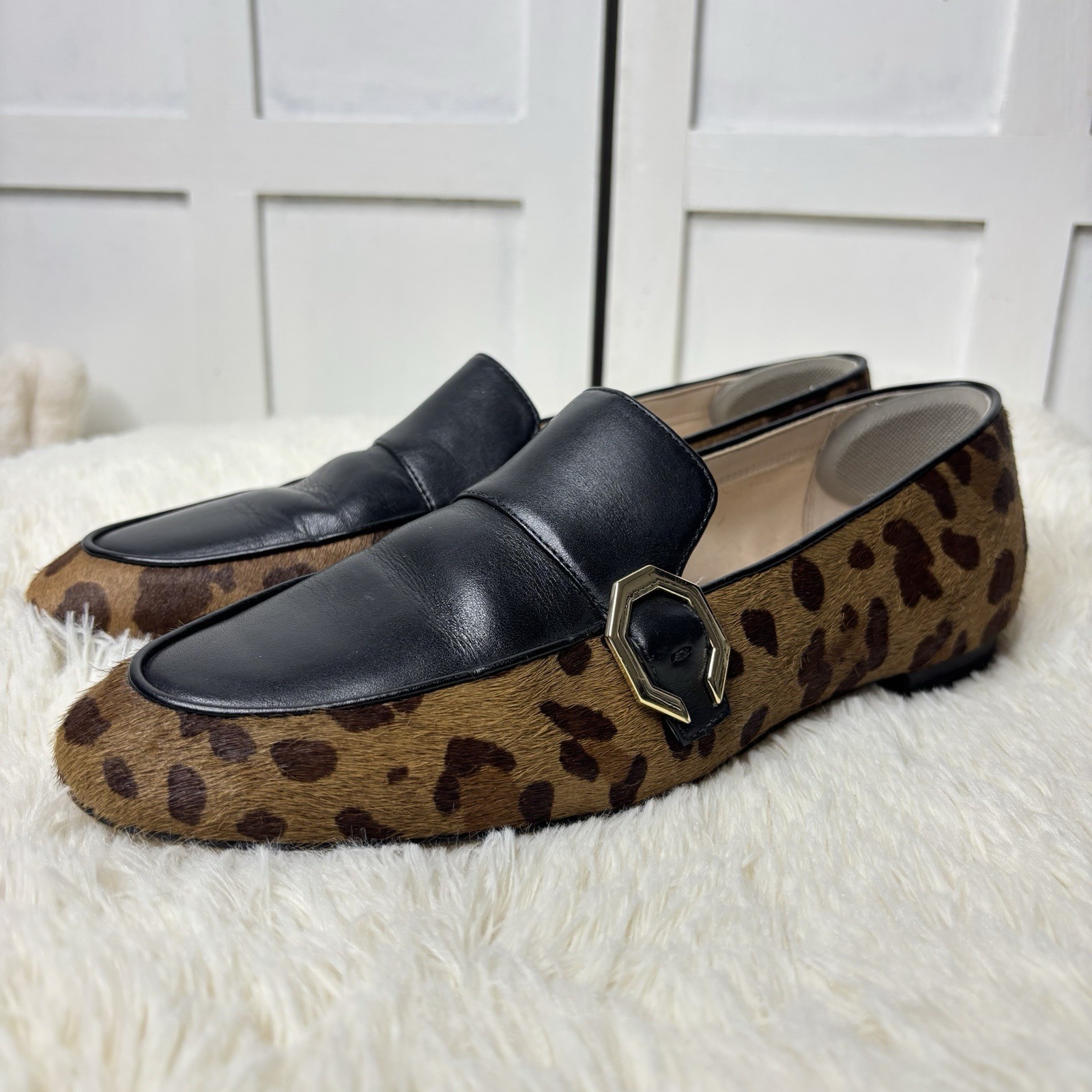 Cole Haan Loafers Teresa Slip Ons 9.5 Leopard Print Calf Hair Apron Toe Classic