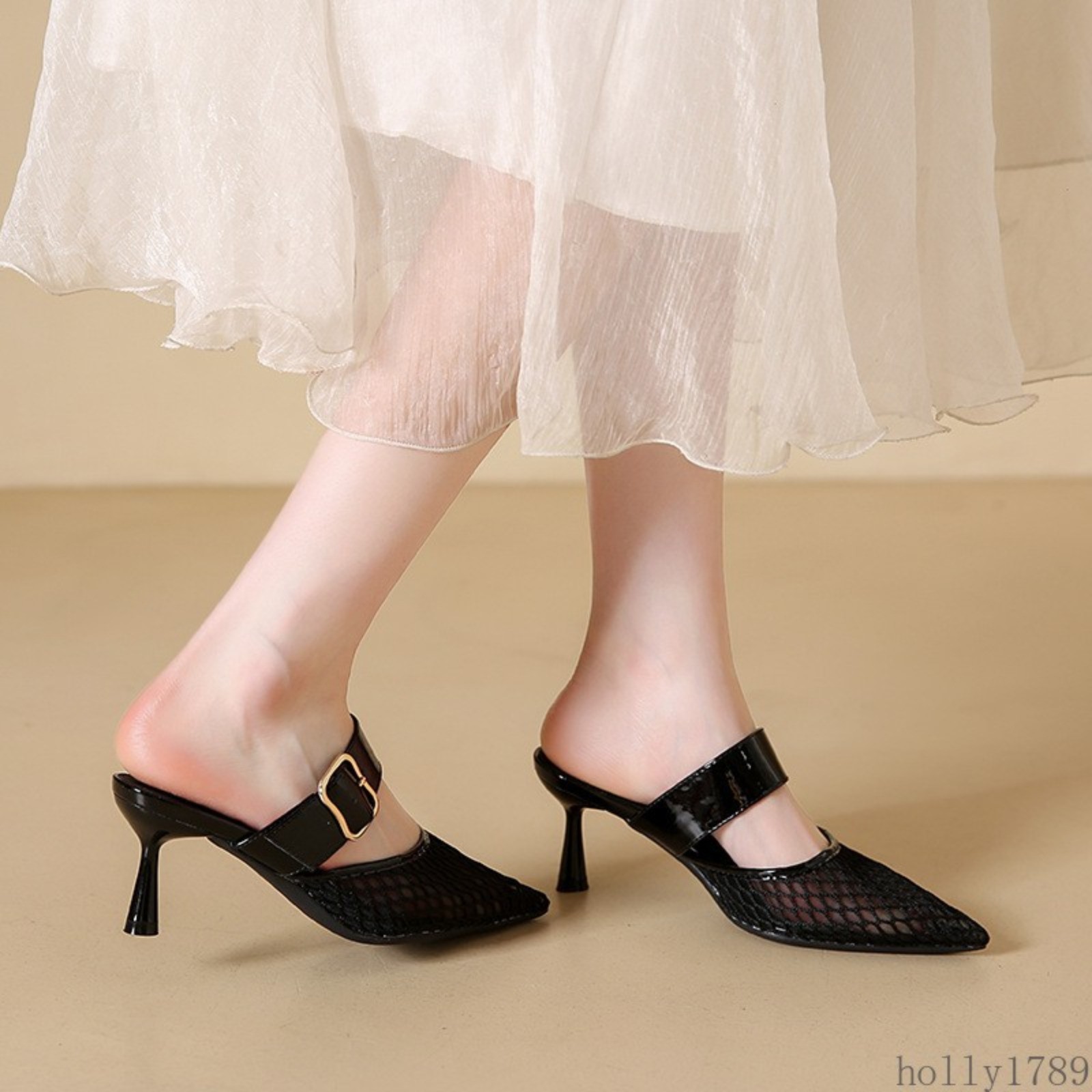 Mesh Pointed Toe Mule Heels Women Hollow Out Strap Slip on High Heel Sandals