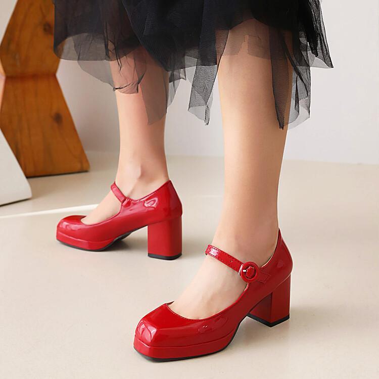 L Womens Mary Jane Dress Shoes Low Heel Ankle Strap Shiny Leather Wedding Casual