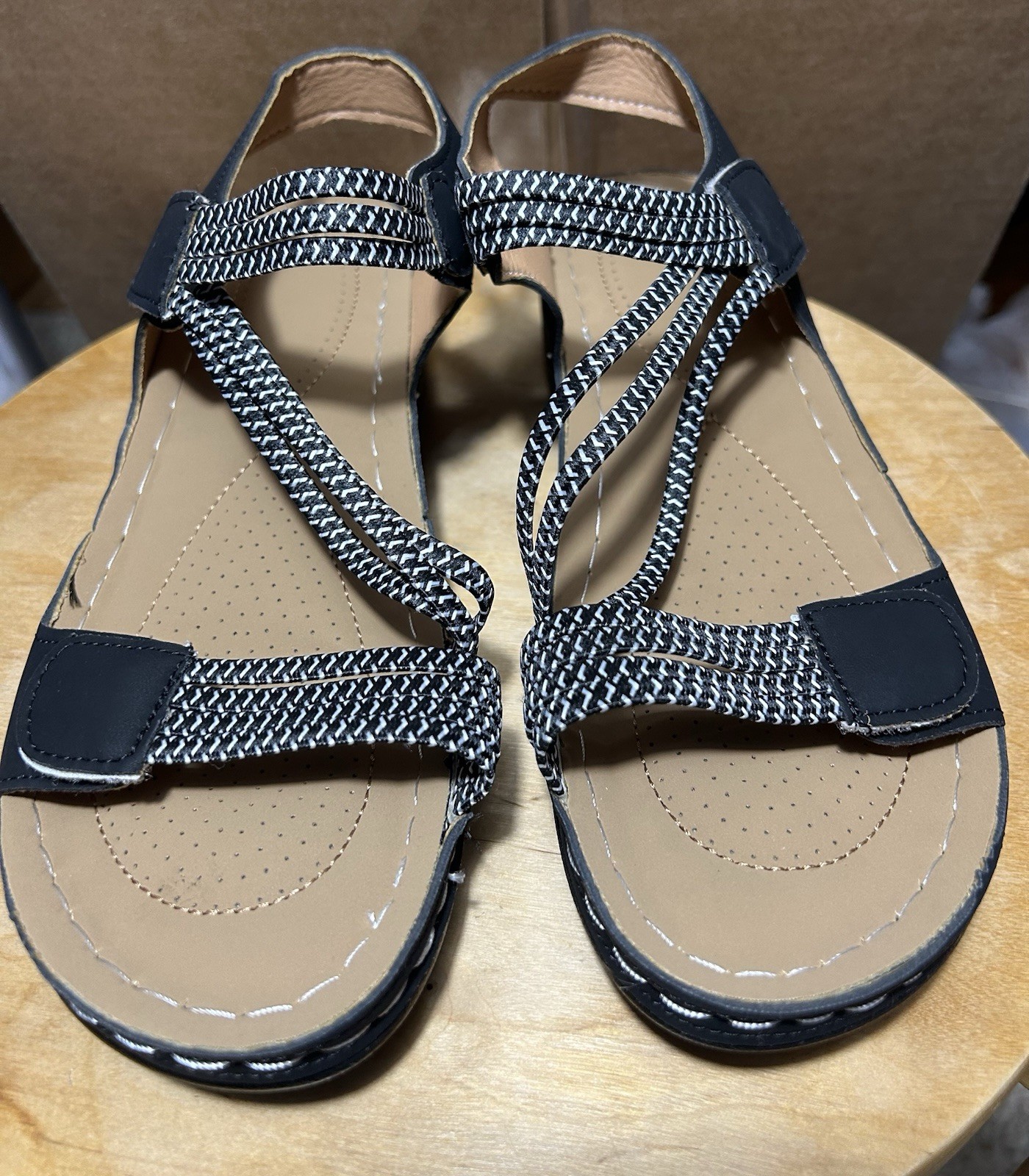 Women’s Black/Beige Braided Strappy Faux Leather Sandals Hook & Loop US 8