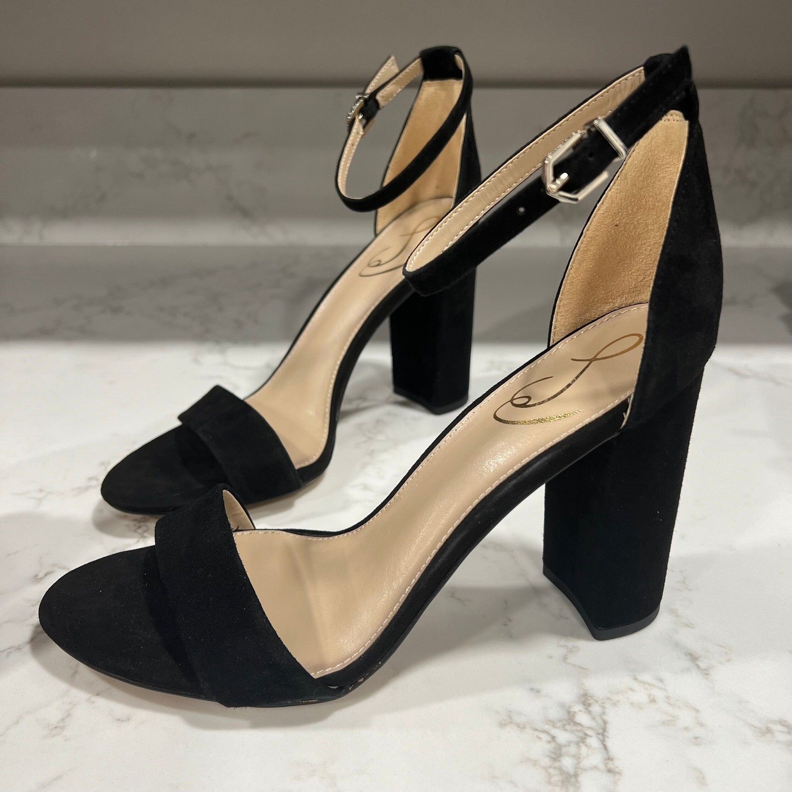 New Sam Edelman Yaro Sandals Black Suede Ankle-Strap Block Heel Sz 9