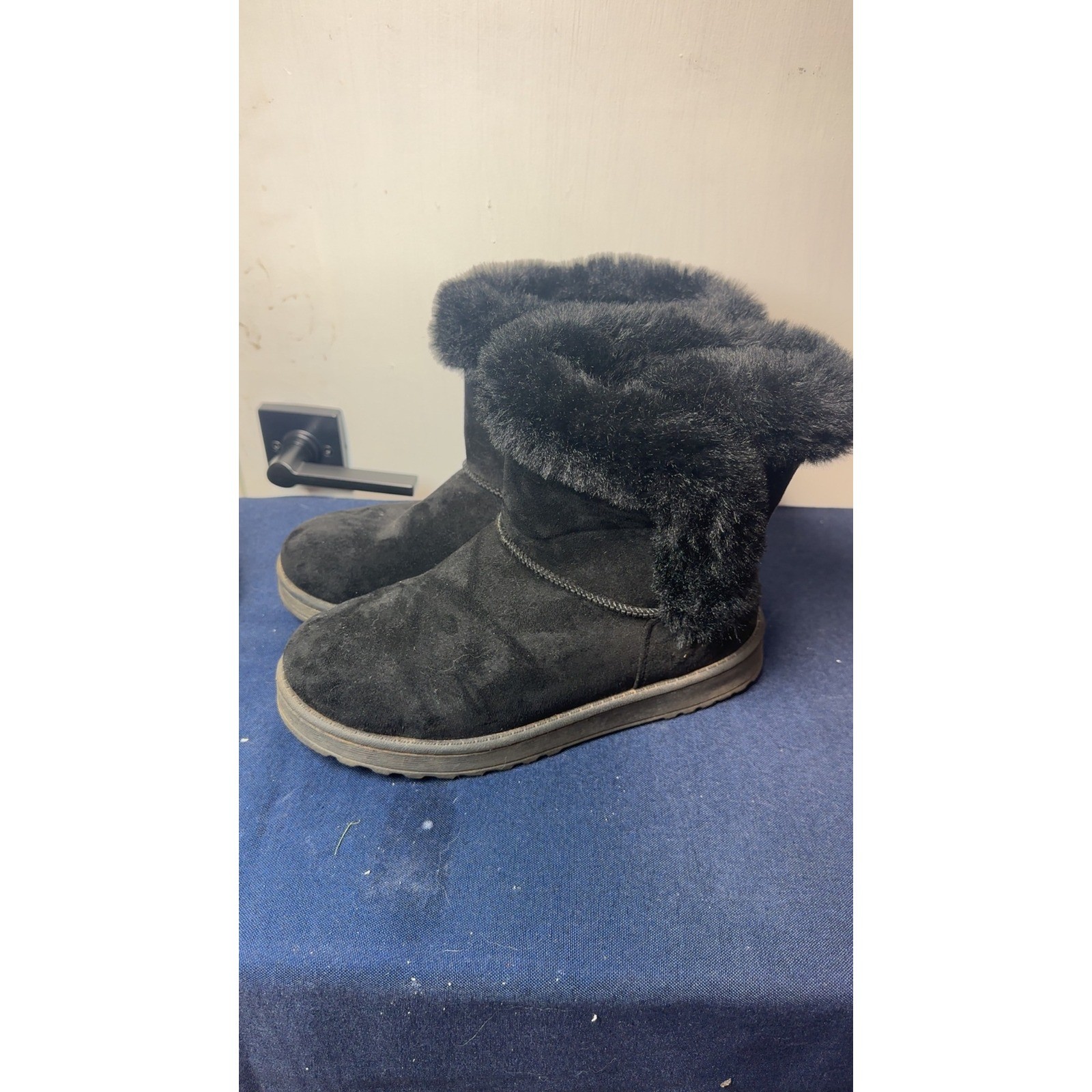 SO Goods for Life | Black Faux Suede Faux Fur Trim Winter Ankle Boots Womens