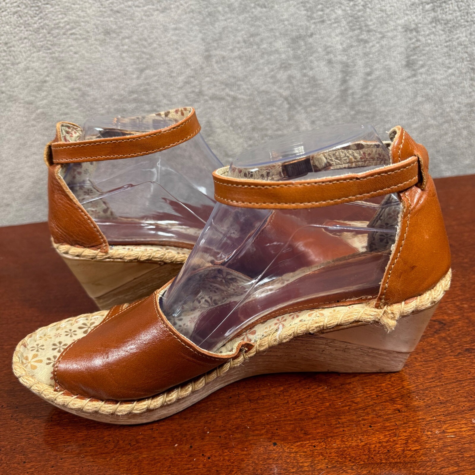Boho Leather Espadrille Wedge Sandals Womens 9.5 Ankle Strap Comfort