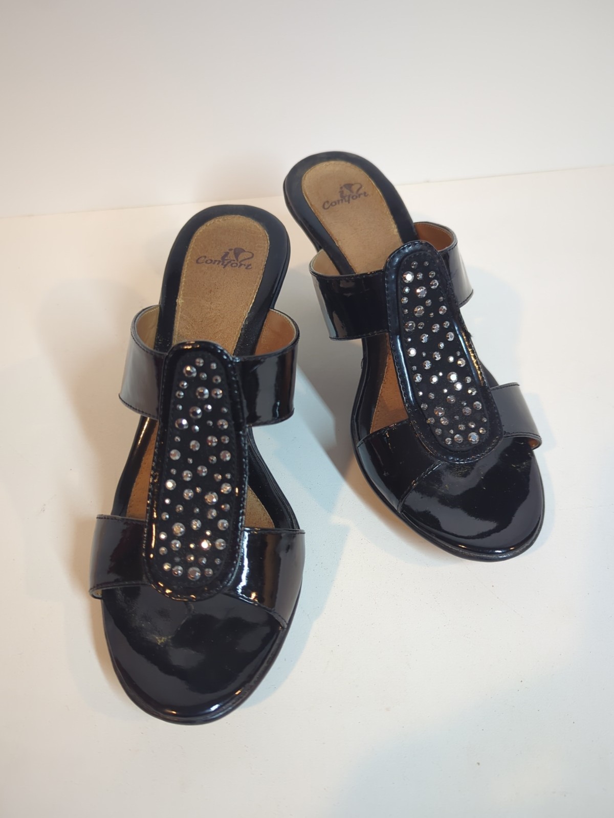 iComfort Galaxy Black Patent Women Dressy Shoe Open Toe Rhinestone Slip on Sz 8