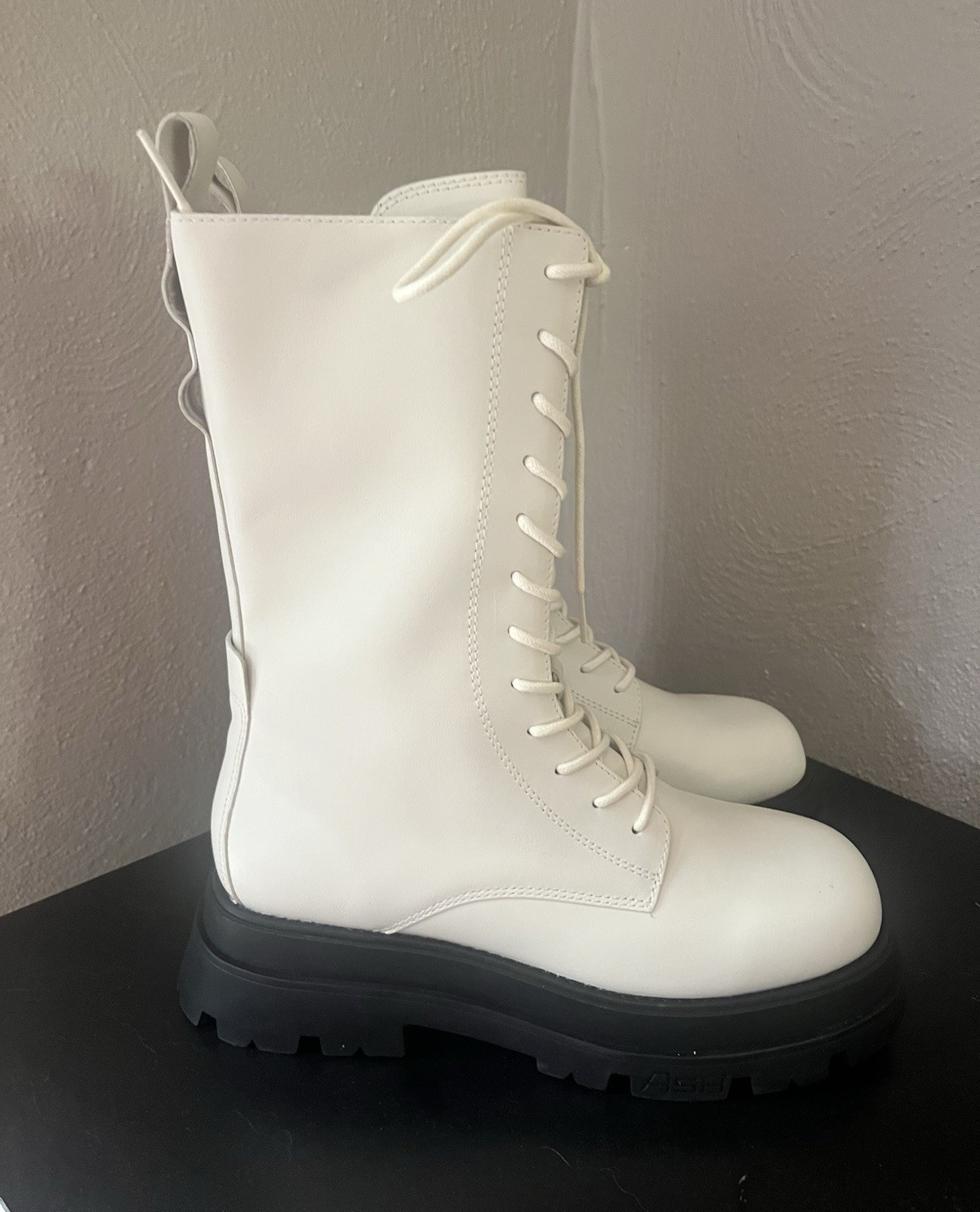ASH ELTON White Leather Lace-Up Mid-Calf Combat Boots Lug Sole EU 38
