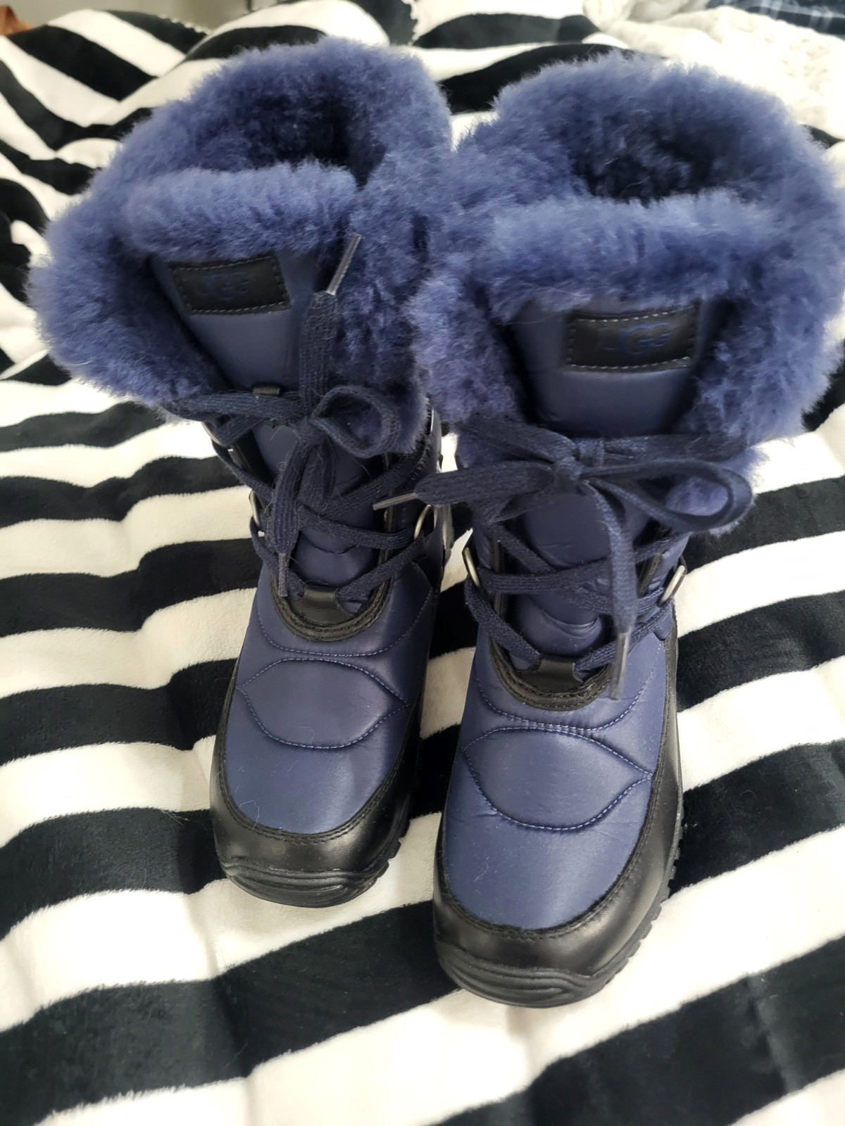 UGG Australia Lorien Waterproof Fur Boots Blue, Quilted, Lace-Up, Size US 6.5