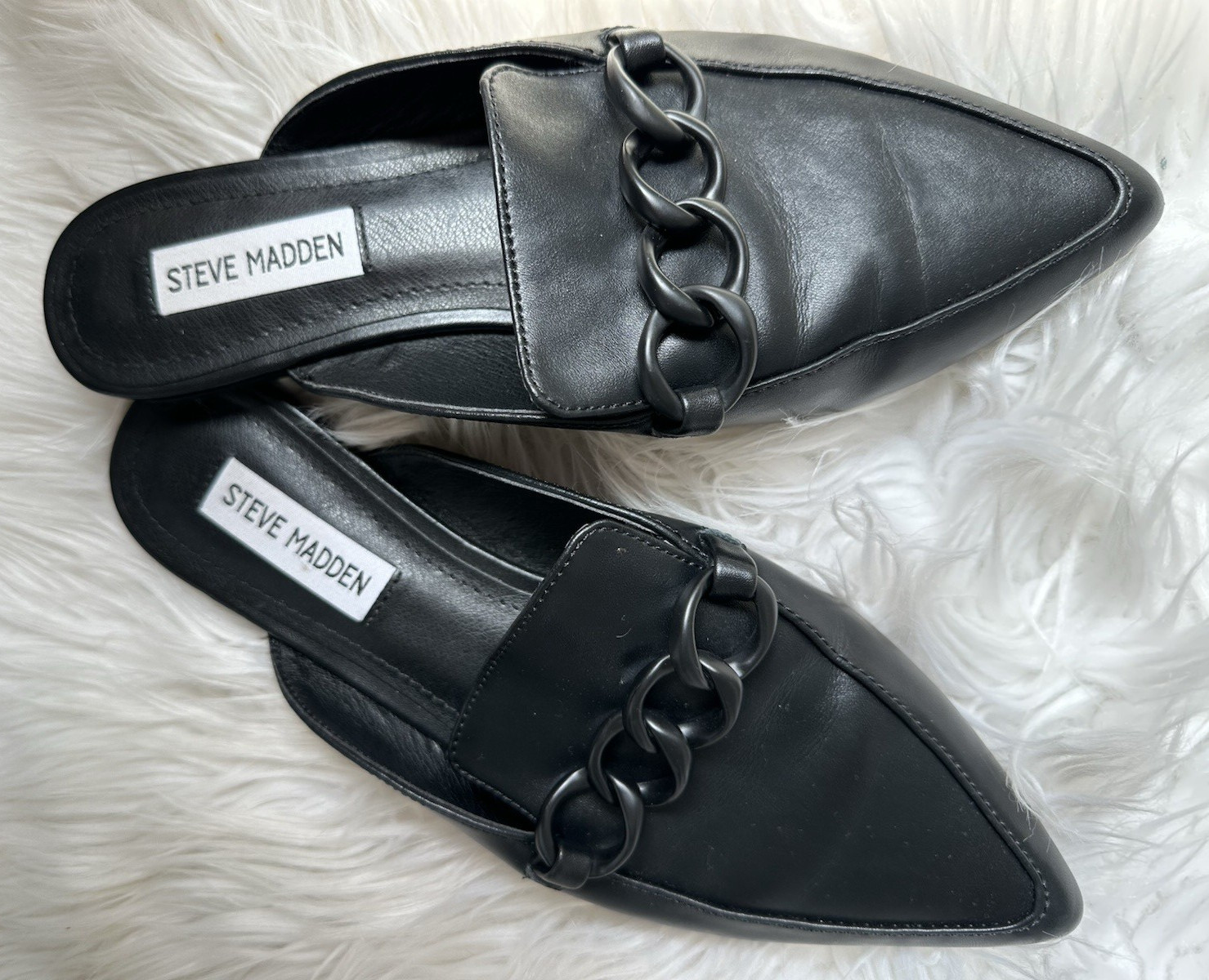 Steve Madden Black Leather Slide Flats Chain Pointed Toe Slip-On Women’s 8