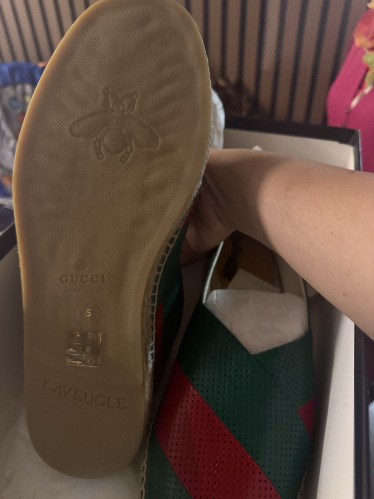 Gucci Green/Red Striped Espadrille Flats Leather Slip-On Logo Bee US 5